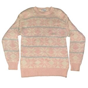 Vintage Womens Fair isle Pink Blue White Striped Knit Sweater Size M